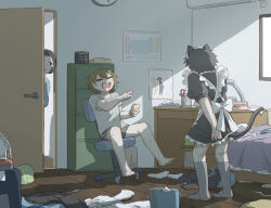 Rule 34 | 1girl, 2boys, absurdres, animal ears, apron, avogado6, barefoot, bed, bedroom, black dress, black hair, boxers, brown hair, cat ears, cat tail, cellphone, closed eyes, commentary request, crossdressing, desk, door, dress, electric fan, frills, grey socks, highres, holding, holding phone, indoors, laughing, maid, maid apron, male underwear, messy room, multiple boys, original, peeking out, phone, pointing, puffy short sleeves, puffy sleeves, short hair, short sleeves, smartphone, socks, swivel chair, tail, trash can, underwear, unworn clothes, unworn socks, walk-in, wooden floor