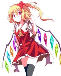 Rule 34 | 1girl, alternate hair length, alternate hairstyle, ascot, black thighhighs, blonde hair, bow, collarbone, flandre scarlet, floating hair, frilled skirt, frills, furagu, hair between eyes, hair bow, highres, long hair, miniskirt, red bow, red eyes, red shirt, red skirt, shirt, short hair with long locks, short sleeves, side ponytail, simple background, skirt, slit pupils, smile, solo, standing, thighhighs, touhou, white background, wings, yellow ascot