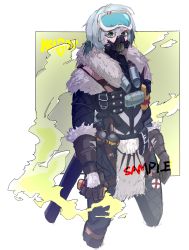 Rule 34 | 1boy, absurdres, aged down, animification, apex legends, black gloves, black jacket, black pants, blackheart caustic, border, caustic (apex legends), chinese commentary, explosive, fur-trimmed gloves, fur-trimmed jacket, fur trim, gas, gas mask, gloves, goggles, goggles on head, green eyes, grenade, grey hair, highres, holding, holding grenade, jacket, looking at viewer, mask, namalesi, outside border, pants, redesign, sample watermark, short hair, smoke grenade, solo, watermark, white border