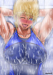 Rule 34 | 1girl, armpits, arms behind head, blonde hair, blush, breasts, competition swimsuit, eyes visible through hair, honoo no toukyuuji: dodge danpei, ichigeki haruka, impossible clothes, impossible swimsuit, indoors, large breasts, one-piece swimsuit, one eye closed, papepox2, short hair, showering, smile, solo, swimsuit, upper body, wink