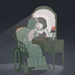 Rule 34 | 1girl, absurdres, aged down, avogado6, black hair, closed eyes, commentary, dark background, different reflection, flower, gradient background, grey background, highres, lipstick, makeup, mirror, mole, mole on collarbone, old, old woman, original, red lips, reflection, rose, slippers, solo, vase, wrinkled skin