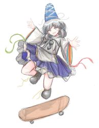 Rule 34 | 1girl, black footwear, blue skirt, commentary, full body, grey eyes, hat, highres, japanese clothes, kariginu, long sleeves, looking at viewer, mononobe no futo, open mouth, pom pom (clothes), ribbon-trimmed sleeves, ribbon trim, simple background, skateboard, skirt, solo, tate eboshi, there2007, touhou, white background, wide sleeves
