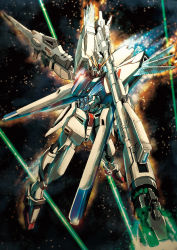 Rule 34 | absurdres, beam rifle, blue eyes, dual wielding, energy gun, f91 gundam, flying, glowing, glowing eyes, gun, gundam, gundam f91, highres, holding, holding gun, holding weapon, huge filesize, looking down, mecha, no humans, robot, shoulder cannon, solo, space, sunflower (tomodog422), weapon