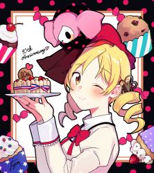 Rule 34 | 1girl, ;), anniversary, black border, blonde hair, border, cake, candy, charlotte (madoka magica), cherry, chocolate chip, closed mouth, commentary request, creature on head, cupcake, dot nose, drill hair, fingernails, flower, food, fruit, fuji fujino, hair flower, hair ornament, hairpin, hands up, happy, high collar, highres, holding, holding plate, jewelry, juliet sleeves, light blush, long sleeves, looking at viewer, mahou shoujo madoka magica, mahou shoujo madoka magica (anime), mitakihara school uniform, neck ribbon, one eye closed, plate, polka dot, polka dot border, puffy sleeves, red ribbon, ribbon, ring, school uniform, signature, smile, solo, sprinkles, strawberry, tareme, tomoe mami, twin drills, uniform, whipped cream, witch (madoka magica), yellow eyes
