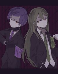 Rule 34 | 2boys, armband, black gloves, black jacket, black sweater, brown eyes, closed mouth, collared shirt, gloves, green hair, green necktie, jacket, lobotomy corporation, long hair, long sleeves, looking at viewer, makino (727me727), multiple boys, necktie, netzach (project moon), project moon, purple necktie, shirt, smile, sweater, turtleneck, turtleneck sweater, upper body, very long hair, white shirt, yesod (project moon)