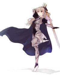 Rule 34 | 1girl, arm up, armor, barefoot, black gloves, black hairband, cape, corrin (female) (fire emblem), corrin (fire emblem), fire emblem, fire emblem fates, full body, gloves, hairband, holding, holding sword, holding weapon, leg up, long hair, nintendo, parted lips, pointy ears, red eyes, simple background, solo, sword, weapon, white background, white hair, yato (fire emblem), yuuri (orz commushows)