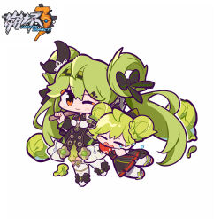 Rule 34 | 2girls, ;), ai-chan (chrono navi) (honkai impact), ai-chan (honkai impact), black bow, black skirt, blush, bow, braid, chibi, closed eyes, closed mouth, copyright name, double bun, elbow gloves, gloves, green hair, hair between eyes, hair bow, hair bun, hair ornament, hair rings, hairclip, hoe, honkai (series), honkai impact 3rd, meadow (morphinecaca), multiple girls, one eye closed, pleated skirt, red eyes, red gloves, shirt, shoes, simple background, single glove, skirt, sleeveless, sleeveless shirt, smile, striped, striped bow, tears, thighhighs, triangle mouth, twintails, watermark, wavy mouth, white background, white footwear, white shirt, white thighhighs