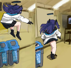 1girl absurdres arrow_(symbol) black_hair black_skirt blue_archive classroom full_body halo highres in_container in_trash_can indoors jacket jumping long_hair mechanical_halo meme midair miyu_(blue_archive) outstretched_arms purple_hair recycle_bin recycling_symbol red_eyes scene_reference shoes skirt tenten_(chan4545) trash_can two_side_up yuuka_(blue_archive)