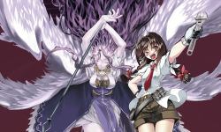 Rule 34 | &gt; o, 2girls, :d, alternate hair color, angel, angel wings, arms up, belt, blush, braid, brown hair, closed eyes, female focus, gloves, multiple girls, multiple wings, one eye closed, open mouth, pocket, purple hair, rika (touhou), sariel (touhou), shorts, smile, staff, touhou, touhou (pc-98), twin braids, wakanita, wings, wink, wrench