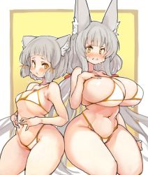 Rule 34 | animal ears, bikini, blunt bangs, breasts, cat ears, chest jewel, dual persona, facial mark, flat chest, large breasts, long hair, low twintails, navel, nia (blade) (xenoblade), nia (xenoblade), sachito, short hair, silver hair, swimsuit, twintails, very long hair, xenoblade chronicles (series), xenoblade chronicles 2, yellow eyes