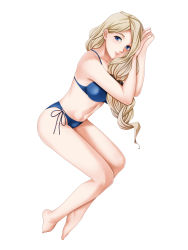 Rule 34 | 1girl, absurdres, bikini, blonde hair, blue bikini, blue eyes, bow, closed mouth, fire emblem, fire emblem: three houses, from side, full body, hair bow, highres, long hair, looking to the side, low ponytail, mercedes von martritz, nintendo, simple background, smile, solo, swimsuit, tamamon, white background
