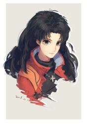 Rule 34 | 1girl, atianshi, black eyes, black hair, closed mouth, collar, commentary request, cross, dated, ear piercing, earrings, grey background, highres, jacket, jewelry, katsuragi misato, long hair, looking at viewer, necklace, neon genesis evangelion, piercing, red jacket, simple background, smile, solo, turtleneck, upper body