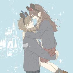 Rule 34 | 1boy, 1girl, animal ears, ankle socks, aqua background, arms around neck, black hairband, black socks, brown hair, brown scarf, carrying, carrying person, closed eyes, couple, crescent, face-to-face, facing another, fake animal ears, from side, grey jacket, hairband, happy, heart, hug, jacket, jumping, long hair, long sleeves, mouse ears, necono naco, open mouth, original, plaid, plaid scarf, profile, scarf, short hair, smile, socks, sparkle, standing, star (symbol), unfinished