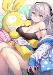 Rule 34 | &gt; &lt;, 1girl, black bow, bow, breasts, bronya zaychik, bronya zaychik (silverwing: n-ex), cleavage, closed mouth, commentary request, controller, feet out of frame, game controller, grey eyes, grey hair, hair between eyes, hair bow, highres, holding, homu (honkai impact), honkai (series), honkai impact 3rd, jacket, koko (koko3), long hair, long sleeves, looking at viewer, medium breasts, off shoulder, open clothes, open jacket, pillow, ponytail, sleeves past wrists, smile, solo, very long hair, white jacket