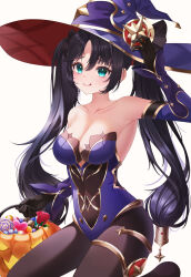 Rule 34 | 1girl, :q, arm up, armpits, bare shoulders, black gloves, black hair, blue eyes, blue leotard, bow, breasts, brown pantyhose, cleavage, closed mouth, collarbone, covered navel, detached sleeves, genshin impact, gloves, gold trim, hair bow, halloween bucket, hat, highres, leotard, long hair, long sleeves, looking at viewer, luna bloom, medium breasts, mona (genshin impact), no cape, pantyhose, parted bangs, purple hat, simple background, smile, solo, strapless, strapless leotard, thighlet, tongue, tongue out, twintails, very long hair, white background, witch hat