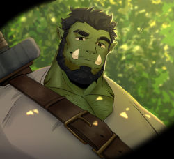 Rule 34 | 1boy, bara, beard, black hair, chest hair, colored skin, eyebrow cut, facial hair, fangs, green skin, highres, kou (ixkouu), large pectorals, leather belt, looking at viewer, pectoral cleavage, male focus, mature male, monster boy, muscular, muscular male, orc, original, pectorals, portrait, shirt, short hair, smile, solo, sunlight, sword, sword behind back, upper body, weapon