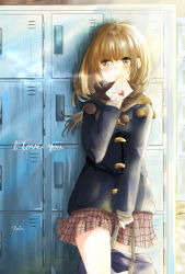 Rule 34 | 1girl, absurdres, bag, black coat, blush, brown eyes, brown hair, brown skirt, closed mouth, coat, commentary request, english text, frown, furrowed brow, heart, heart stickers, highres, holding, holding bag, holding letter, letter, locker, long hair, long sleeves, love letter, original, plaid, plaid skirt, rain (leying2626), school bag, school uniform, shoulder bag, skirt, solo, standing, valentine