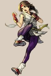 Rule 34 | 1girl, braid, brown hair, fatal fury, fighting stance, full body, gloves, headband, hungry clicker, leg up, loose socks, ryuuko no ken, shoes, simple background, sketch, skin tight, sneakers, snk, socks, solo, the king of fighters, yuri sakazaki