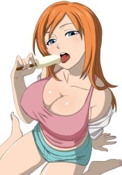 Rule 34 | 1girl, bleach, blue eyes, breasts, cleavage, inoue orihime, large breasts, open mouth, orange hair, popsicle, sexually suggestive, shorts, tongue, wariza
