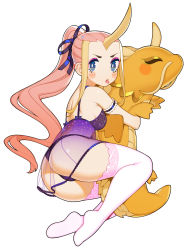 Rule 34 | 1girl, :p, ass, bare shoulders, blue eyes, blush stickers, bow, bra, commentary, commission, dragon, english commentary, full body, hair bow, halphelt, highres, horns, long hair, looking at viewer, original, panties, pink hair, pink thighhighs, ponytail, purple bow, purple bra, purple panties, simple background, single horn, solo, thighhighs, tongue, tongue out, underwear, very long hair, white background, white thighhighs