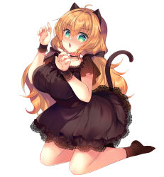 Rule 34 | 1girl, @ @, ahoge, animal ears, black choker, black dress, blush, breasts, brown hair, brown socks, cat ears, cat girl, cat tail, chestnut mouth, choker, collarbone, dress, fang, full body, green eyes, hair between eyes, hair intakes, highres, kneeling, lace, lace-trimmed dress, lace trim, large breasts, looking at viewer, low twintails, no shoes, nose blush, original, polka dot, polka dot legwear, see-through, see-through sleeves, short sleeves, simple background, socks, solo, suzunone rena, tail, twintails, white background, wrist cuffs