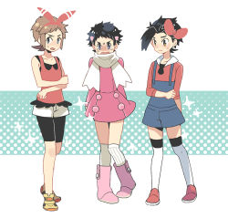 Rule 34 | 3boys, bad id, bad pixiv id, bike shorts, bike shorts under shorts, black hair, boots, bow hairband, brendan (pokemon), brown eyes, brown hair, buttons, closed mouth, coat, commentary request, cosplay, creatures (company), crossdressing, dawn (pokemon), dawn (pokemon) (cosplay), ethan (pokemon), game freak, hairband, lowres, lucas (pokemon), lyra (pokemon), lyra (pokemon) (cosplay), male focus, may (pokemon), may (pokemon) (cosplay), multiple boys, nintendo, over-kneehighs, overalls, pigeon-toed, pokemon, pokemon dppt, pokemon hgss, pokemon oras, pokemon platinum, red footwear, scarf, shirt, shoes, short hair, shorts, sleeveless, sleeveless shirt, sleeves past elbows, spiked hair, standing, thighhighs, white legwear, white scarf, white shorts, xichii, yellow footwear