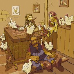 Rule 34 | 1girl, 2boys, arm hair, bald, belly, bird, blue eyes, blue overalls, boots, chick, chicken, closed eyes, commentary, counter, crack, cracked wall, dress, facial hair, hashtag-only commentary, hat, highres, link, long dress, long sideburns, malon, multiple boys, mustache, neckerchief, nintendo, orange neckerchief, overalls, pantsu-ripper, patchwork clothes, portrait (object), rooster, sideburns, sitting, smile, sword, talon (zelda), the legend of zelda, the legend of zelda: ocarina of time, weapon, weapon on back