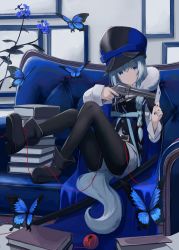 Rule 34 | 1girl, absurdres, black legwear, blue bow, blue eyes, blue hair, blue tail, book, bow, bug, butterfly, card, couch, flat chest, flower, gun, hair between eyes, handgun, hat, hat bow, highres, holding, holding card, holding gun, holding weapon, indoors, insect, leg up, long sleeves, looking at viewer, medium hair, mikisai, open mouth, original, red ribbon, ribbon, shorts, sidelocks, sitting, solo, tail, weapon