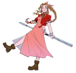 Rule 34 | 1girl, absurdres, aerith gainsborough, blue eyes, boots, bow, braid, braided ponytail, brown footwear, brown hair, cropped jacket, dress, final fantasy, final fantasy vii, final fantasy vii remake, full body, hair bow, highres, holding, holding staff, jacket, looking at viewer, merorine, metal staff, open clothes, open jacket, pink dress, red jacket, short sleeves, sidelocks, simple background, smile, solo, staff, standing, standing on one leg, white background
