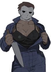 1girl breasts cleavage commentary_request dark-skinned_female dark_skin genderswap genderswap_(mtf) halloween_(movie) highres holding holding_knife jumpsuit knife large_breasts long_sleeves mask michael_myers open_jumpsuit sakakikaga solo tank_top