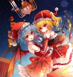 Rule 34 | &gt;:/, 2girls, :/, ;d, alternate costume, alternate headwear, bad id, bad pixiv id, baocaizi, bare shoulders, bat wings, blonde hair, blue hair, blush, bow, box, chandelier, christmas, crystal, detached sleeves, dress, fang, flandre scarlet, from side, fur trim, gift, gift box, gloves, hat, hat bow, highres, looking at viewer, looking to the side, multiple girls, off-shoulder dress, off shoulder, one eye closed, open mouth, red bow, red dress, red eyes, red gloves, remilia scarlet, santa costume, santa hat, siblings, sisters, smile, star (symbol), touhou, v-shaped eyebrows, wings