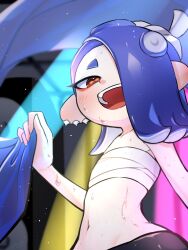Rule 34 | 1girl, amakusa setoka, blue hair, capelet removed, chest sarashi, ear piercing, hair over one eye, highres, looking at viewer, looking down, midriff, navel, nintendo, octoling player character, open mouth, piercing, pointy ears, red eyes, sarashi, shiver (splatoon), smile, solo, splatoon (series), sweat, tentacle hair