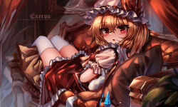 Rule 34 | 1girl, absurdres, artist name, ascot, blonde hair, blush, brown pillow, collared shirt, commentary request, couch, crystal, curtains, fang, feet out of frame, flandre scarlet, frilled shirt collar, frilled skirt, frills, full body, hair between eyes, hat, hat ribbon, highres, indoors, light particles, lips, looking at viewer, lying, medium hair, mob cap, on back, on couch, open mouth, parted lips, pillow, puffy short sleeves, puffy sleeves, red curtains, red eyes, red ribbon, red skirt, red vest, ribbon, ribbon-trimmed headwear, ribbon-trimmed sleeves, ribbon trim, shirt, short sleeves, side ponytail, skirt, skirt set, solo, thighhighs, thighs, top-exerou, touhou, vest, white thighhighs, wings, yellow ascot