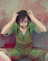 Rule 34 | 1boy, bad id, bad pixiv id, black hair, blood, hands on own head, hood, hoodie, kagerou project, male focus, overalls, red eyes, scared, seto kousuke, short hair, shounen brave (vocaloid), sitting, sleeves rolled up, solo, sweat, translated, vocaloid, wall, youko (kerumo105)