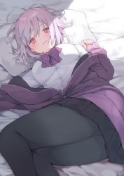 Rule 34 | 10s, 1girl, bed sheet, black pantyhose, black skirt, blush, bow, breasts, commentary request, dress shirt, gridman universe, hiyo kiki, indoors, large breasts, light purple hair, long sleeves, looking at viewer, lying, off-shoulder, off-shoulder sweater, off shoulder, on back, on bed, pantyhose, pillow, pleated skirt, purple bow, purple sweater, red eyes, shinjou akane, shirt, short hair, skirt, sleeves past wrists, smile, solo, ssss.gridman, sweater, white shirt, zipper pull tab