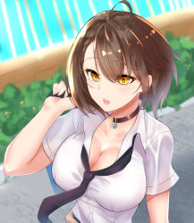 Rule 34 | 1girl, ahoge, azur lane, bag, baltimore (after-school ace) (azur lane), baltimore (azur lane), beige cardigan, black choker, black necktie, braid, breasts, brown hair, cardigan, cardigan around waist, carrying over shoulder, choker, cleavage, clothes around waist, collarbone, collared shirt, commentary request, foreshortening, french braid, hair between eyes, kuzya, large breasts, loose necktie, necktie, official alternate costume, open mouth, outdoors, school bag, school uniform, shirt, short hair, short sleeves, sidelocks, solo, standing, teeth, upper body, upper teeth only, white shirt, yellow eyes