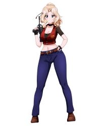 Rule 34 | 1girl, black gloves, blonde hair, blue eyes, blush, breasts, choker, claire redfield (cosplay), cleavage, collarbone, cosplay, denim, fingerless gloves, full body, girls und panzer, gloves, gun, hand on own hip, highres, jeans, kay (girls und panzer), key (gaigaigai123), large breasts, long hair, looking at viewer, midriff, navel, pants, parted lips, resident evil, resident evil - code: veronica, rifle, simple background, smile, solo, standing, weapon, white background