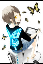 Rule 34 | 1girl, anklet, bad id, bad pixiv id, barefoot, brown hair, bug, butterfly, cable, computer, drawing, drawing tablet, insect, jewelry, looking back, original, pata cable, recursion, short hair, sitting, solo, stylus, ushi (ushi manji), wire, yellow eyes