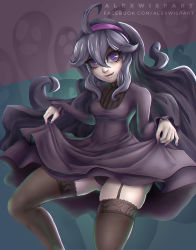 Rule 34 | 1girl, @ @, absurdres, ahoge, alex wisp, artist name, black thighhighs, blue background, blush, breasts, clothes lift, creatures (company), dress, dress lift, female focus, game freak, garter straps, ghost, hairband, hands up, hex maniac (pokemon), highres, lifting own clothes, lips, long hair, long sleeves, medium breasts, nail polish, nintendo, npc trainer, panties, pokemon, pokemon xy, purple background, purple dress, purple eyes, purple hair, purple hairband, purple panties, simple background, skindentation, smile, solo, standing, text focus, thighhighs, turtleneck, two-tone background, underwear, very long hair, watermark, web address