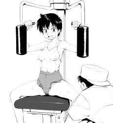Rule 34 | 1boy, 1girl, breasts, cameltoe, camisole, cleft of venus, copyright request, exercising, exercise machine, funnyari, izumi noa, kidou keisatsu patlabor, monochrome, nipples, open mouth, see-through, short hair, sitting, spread legs, sweat, tank top, wet, wet clothes