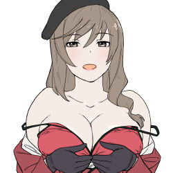 Rule 34 | 1girl, bare shoulders, beret, black gloves, black hat, bra, breast hold, breasts, brown eyes, brown hair, cleavage, girls und panzer, gloves, hat, highres, jacket, jacket partially removed, large breasts, lipstick, long hair, looking at viewer, makeup, onsen tamago (hs egg), open mouth, red bra, red jacket, shimada chiyo, simple background, solo, underwear, upper body, white background