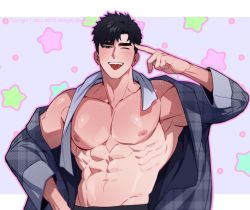 &gt;_o 1boy ;p abs armpits artist_name bara black_hair grey_eyes grey_jacket highres jacket large_pectorals looking_at_viewer male_focus muscular muscular_male navel necktie nipples one_eye_closed open_clothes open_jacket original pectorals piercing plaid_clothes plaid_jacket shiny_skin short_hair smile solo star_(symbol) teeth tongue tongue_out tongue_piercing undone_necktie upper_teeth_only watermark wink yotti