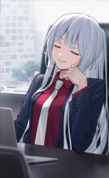 Rule 34 | 1girl, ak-12 (girls&#039; frontline), ak-12 (lucia) (girls&#039; frontline), black jacket, building, chair, closed eyes, closed mouth, collared shirt, commentary request, computer, desk, formal, girls&#039; frontline, hand on own cheek, hand on own face, indoors, jacket, laptop, long hair, partial commentary, red shirt, shirt, sidelocks, silver hair, sitting, smile, solo, suit, urano ura, white neckwear, window