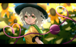 Rule 34 | 1girl, bad id, bad twitter id, black hat, blurry, blurry background, bow, commentary, day, depth of field, dise (psychoro), flower, frills, from side, green eyes, green hair, hat, hat bow, heart, heart of string, highres, komeiji koishi, letterboxed, looking at viewer, open mouth, outdoors, parted lips, puffy short sleeves, puffy sleeves, shirt, short sleeves, solo, sunflower, symbol-only commentary, third eye, touhou, upper body, yellow bow, yellow shirt