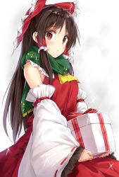 Rule 34 | 1girl, :o, bare shoulders, black hair, blush, bow, box, breasts, christmas, cowboy shot, cross-laced clothes, detached sleeves, eyelashes, frills, fringe trim, from side, gift, gift box, green scarf, hair bow, hair tubes, hakurei reimu, holding, izuru, long hair, looking at viewer, medium breasts, red bow, red ribbon, red skirt, ribbon, ribbon-trimmed sleeves, ribbon trim, scarf, sidelocks, skirt, skirt set, solo, sparkle, touhou, white background, wide sleeves