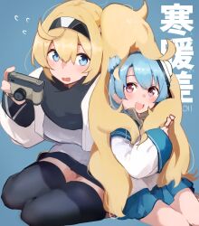 Rule 34 | 2girls, absurdres, black thighhighs, blonde hair, blue eyes, blue hair, blue sailor collar, blue skirt, brown eyes, camera, commentary request, dixie cup hat, double bun, dress, gambier bay (kancolle), grey dress, hair bun, hairband, hat, highres, kantai collection, long hair, long sleeves, ma rukan, military hat, miniskirt, multicolored hairband, multiple girls, pleated dress, sailor collar, samuel b. roberts (kancolle), school uniform, serafuku, shirt, short hair, side ponytail, skirt, thighhighs, translation request, white headwear, white shirt
