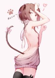 Rule 34 | 10s, 1girl, absurdres, ass, backless dress, backless outfit, bare back, black thighhighs, breasts, brown eyes, brown hair, cat tail, cowboy shot, dress, heart, highres, kantai collection, kentllaall, looking at viewer, looking back, meme attire, naked sweater, paw pose, sideboob, simple background, small breasts, solo, sweater, sweater dress, taihou (kancolle), tail, thighhighs, turtleneck, turtleneck sweater, virgin killer sweater