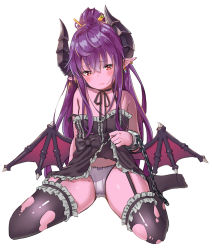 Rule 34 | 1girl, agnamore, bad id, bad pixiv id, black dress, black ribbon, black thighhighs, blush, bow, bow panties, breasts, closed mouth, clothes lift, collarbone, commentary request, dragon girl, dragon horns, dragon wings, dress, dress lift, ear piercing, earrings, fang, fang out, frilled dress, frilled thighhighs, frills, full body, garter straps, hair between eyes, head tilt, high ponytail, highres, horns, jewelry, lifting own clothes, long hair, low wings, neck ribbon, no shoes, original, panties, piercing, pointy ears, purple hair, red eyes, red wings, ribbon, simple background, sitting, sleeveless, sleeveless dress, small breasts, solo, strap slip, thighhighs, torn clothes, torn thighhighs, underwear, very long hair, wariza, white background, white panties, wings