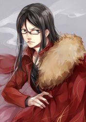 Rule 34 | 1boy, bespectacled, black hair, cape, fate/zero, fate (series), glasses, hair between eyes, long hair, lord el-melloi ii, male focus, aged up, simple background, solo, waver velvet, zaphylla