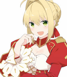 Rule 34 | 1girl, bad id, bad pixiv id, braid, breasts, cleavage, dress, fate/extra, fate (series), french braid, green eyes, hair intakes, ieufg, large breasts, looking at viewer, nero claudius (fate), nero claudius (fate) (all), nero claudius (fate/extra), open mouth, red dress, smile, solo, wide sleeves